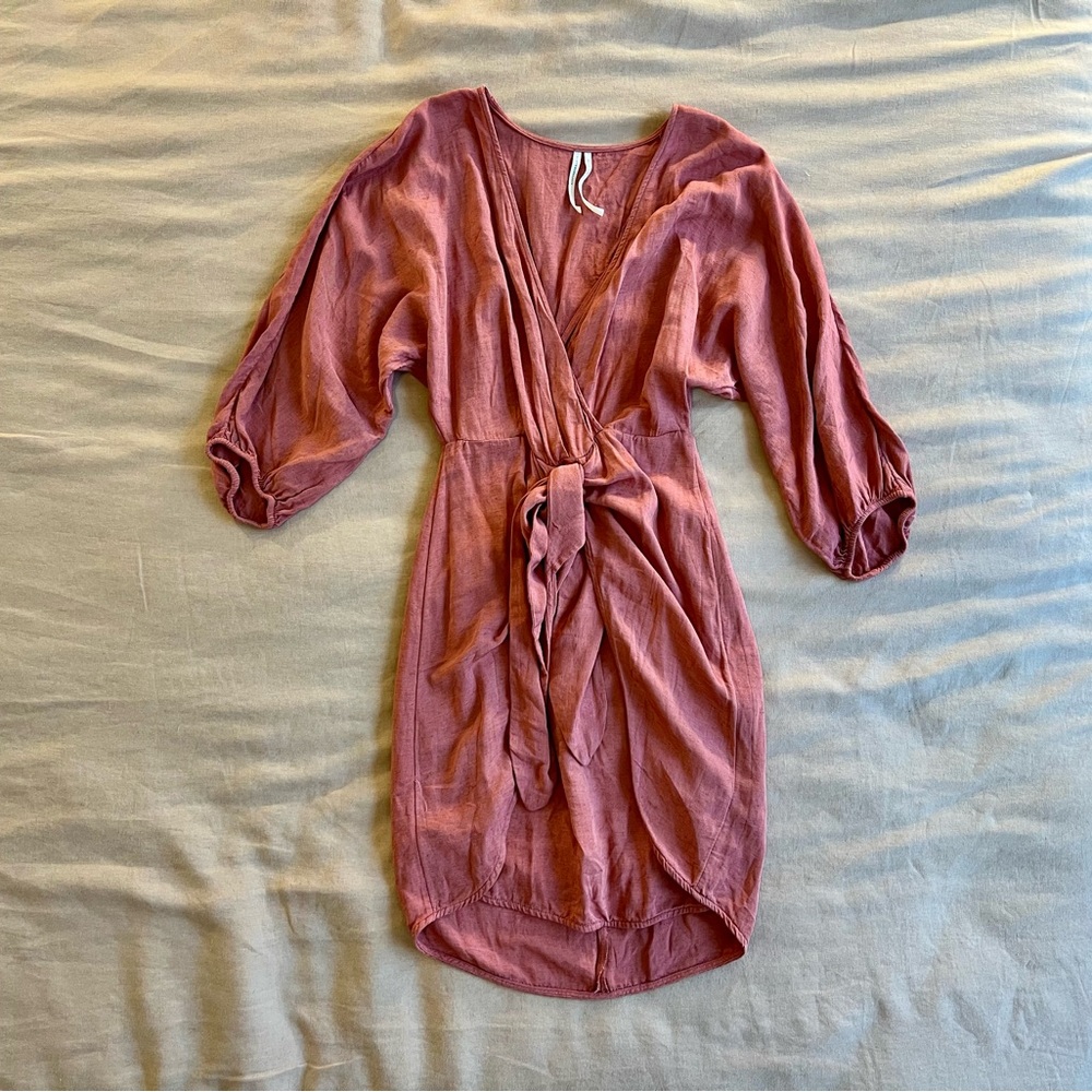 Dusty rose linen wrap dress, front tie